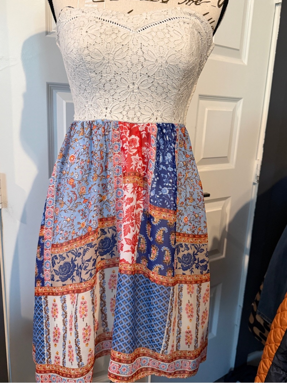 Boho Patchwork Floral Midi Skirt in Blue, Red & Cream